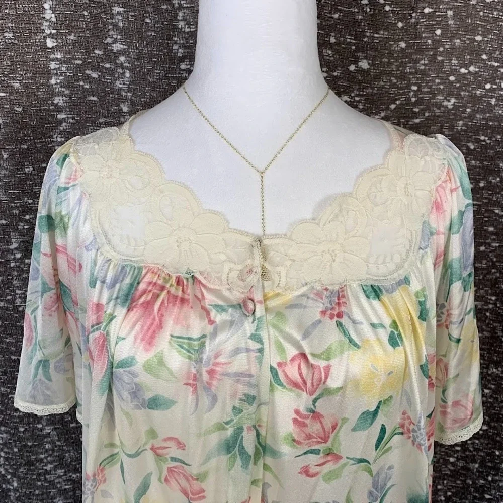 Vintage Vanity Fair Floral Satin Nightgown‎ Dress Button Up Women's Medium